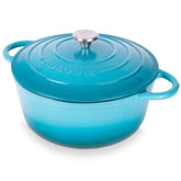 nuovva front view of light blue Dutch oven showing sturdy build and even heating