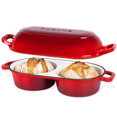 Nuovva front view of red double loaf Dutch oven showing compact design and benefit