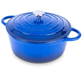 nuovva front view of dark blue Dutch oven showing sturdy design and serving appeal