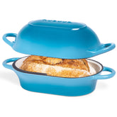 nuovva front profile of loaf pot showing light blue enamel and stable base for even baking