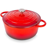 nuovva red Dutch oven front view showing glossy finish and robust build for cooking
