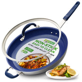 NutriChef 14" fry pan front view showing sleek design and lid, durable cookware benefit