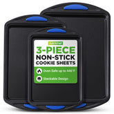 NutriChef front view of three cookie sheets showing nonstick finish and blue handles for even baking