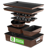 NutriChef front view of full 8-piece bakeware set showing organized pieces and compact storage benefit