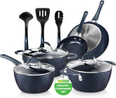 NutriChef front view of the diamond blue cookware set showing all pieces and value