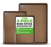 NutriChef gold baking pans set front view showing three sizes and durable finish