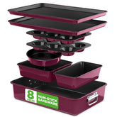 NutriChef front view of plum 8-piece kit showing included pans and neat organization benefit