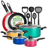 NutriChef front view of colorful cookware set showing full contents and benefits
