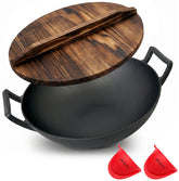 NutriChef wok front view showing size and included wooden lid benefit durable capacity