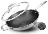 NutriChef wok front view showing nonstick honeycomb finish and capacity benefit