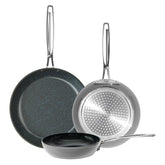 Nuwave front view of three pans showing lightweight forged bodies and neat finish