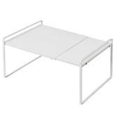 Nxconsu front view of white shelf riser showing clean organized storage benefit
