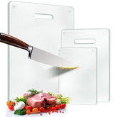 OAKJAR clear cutting boards front view showing all three sizes and benefits