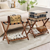 oakvivo walnut luggage rack front view showing neat organization benefit