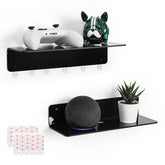 OAPRIRE front view of two black acrylic floating shelves showing compact storage benefit