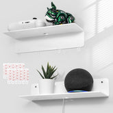 OAPRIRE front view of two white floating shelves showing clean profile and neat storage