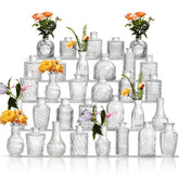 ODBCYWM front view of 32 clear bud vases showing assortment and value