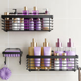 ODesign front view of black stainless steel shower shelf showing sleek storage and corrosion resistance