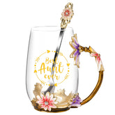 OEAGO front view of glass mug showing clear enamel flower design and gift appeal