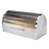 Oggi front view of bread box showing sleek stainless finish and roll top lid, tidy countertop benefit