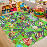OHDS front view of rug with city road design showing playful map and benefits