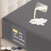 OhGeni front view showing fitted queen gray protector and neat finish for mattress protection