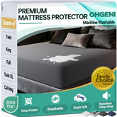OhGeni front view of queen mattress protector showing neat fitted corners and gray color, protects mattress