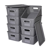 Ohmlove front view showing eight stacked baskets and lids, neat storage benefit