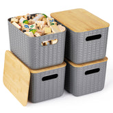 Ohmlove front view of four stackable storage bins showing neat organization and style