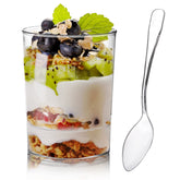 Okllen front pack showing clear 3 oz cups and spoons for neat serving