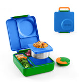 Omie OmieBox Monster Blue front view showing compact, durable lunchbox for kids