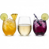 Oojami clear stemless cups front pack showing 36 glasses and durable benefit