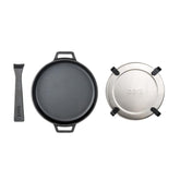 ooni 9" skillet front view shows compact cast iron and removable handle benefit portability