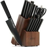 OOU front view of knife set in walnut block showing organized storage and quick access