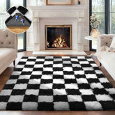 Ophanie rug front view showing black and white check pattern and plush feel benefit of style