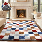 Ophanie front view showing checkered rainbow rug adding color and warmth