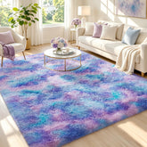 Ophanie front view rainbow purple rug showing plush colorful design and cozy appeal