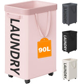 Optish front view of 90L rolling laundry basket showing large capacity and neat storage