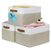 OrganiHaus front view of three canvas baskets showing neat shelf organization