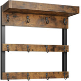 OROPY front view of rack showing 12 hooks and rustic wood shelf for organized storage