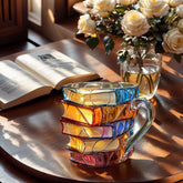 OTTNSA front view of book stack mug showing colorful painted spines benefit decor