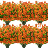 Ouddy Decor front view of 24-piece orange mums showing pack and color benefits