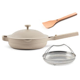 Our Place Always Pan 2.0 front view showing pan and included accessories for compact cooking