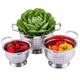OVENTE front view of three colanders showing sizes and clean stainless finish for organized prep