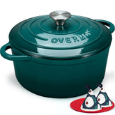 Overmont Dutch oven front view showing enamel finish and lid, elegant serving appeal