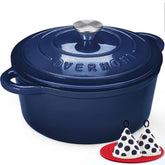 Overmont Dutch oven front view showing indigo blue finish and oven-to-table appeal