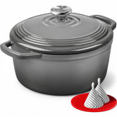 Overmont Dutch oven front view showing grey enamel and wide handles, durable cooking