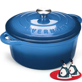 Overmont front view of 7QT Dutch oven showing enamel finish and lid, enhances table presentation