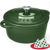 Overmont Dutch oven front view showing glossy green finish and sturdy handles, attractive for serving