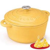 Overmont Dutch oven front view showing goose yellow enamel and sturdy handles for stylish serving